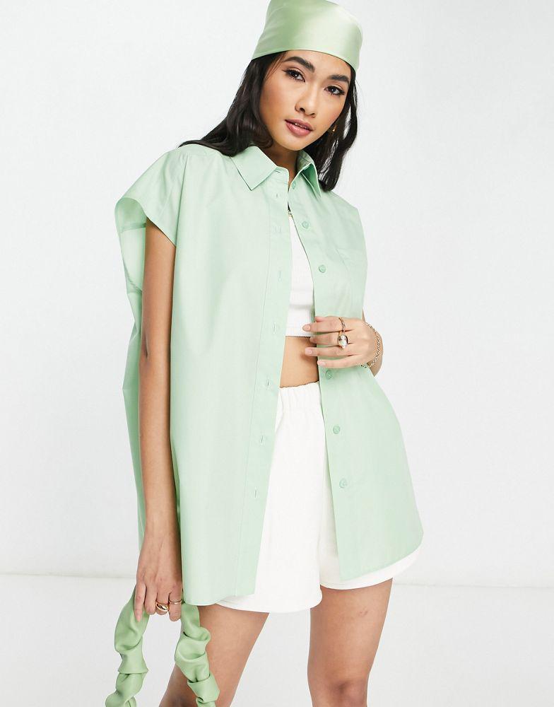 Topshop cap sleeve shirt in green商品第1张图片规格展示