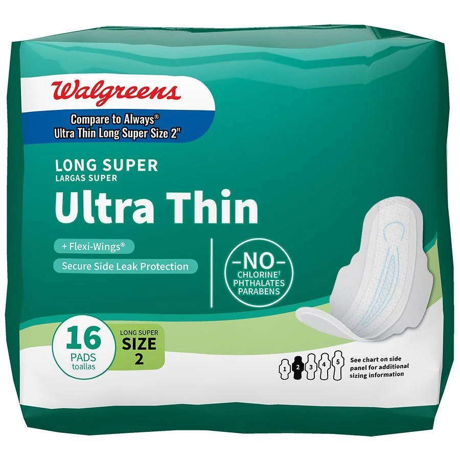 商品Walgreens|Ultra Thin Maxi Pads, Long Super, With Flexi-Wings Unscented, Size 2,价格¥23,第1张图片详细描述