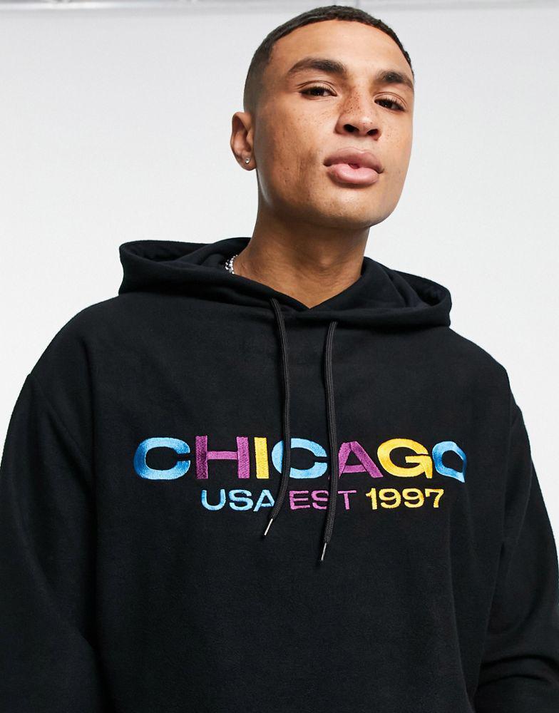 商品ASOS|ASOS DESIGN oversized polar fleece hoodie with chicago city embroidery,价格¥161,第1张图片