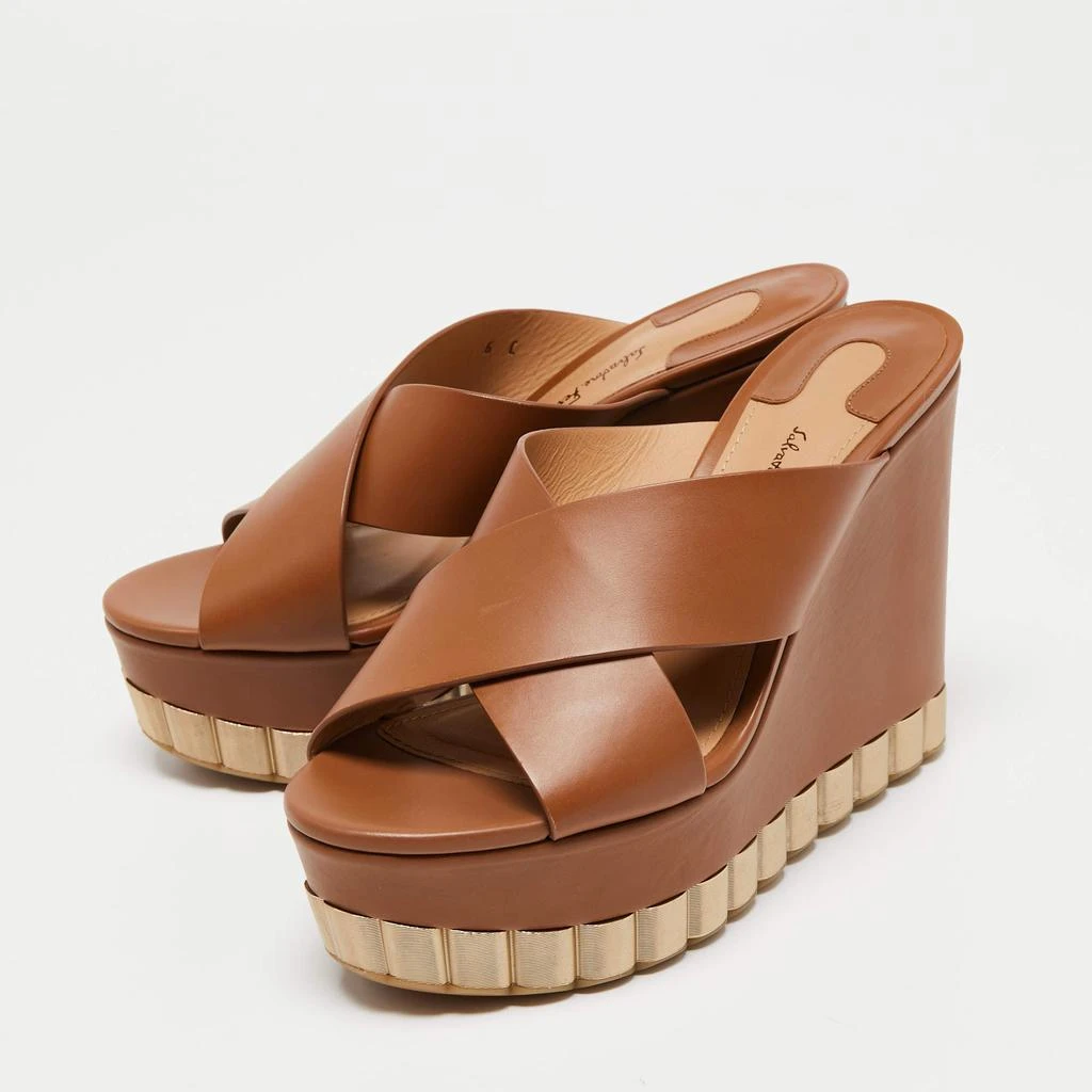 商品[二手商品] Salvatore Ferragamo|Salvatore Ferragamo Brown Leather Cross Strap Wedge Sandals Size 36.5,价格¥2862,第2张图片详细描述