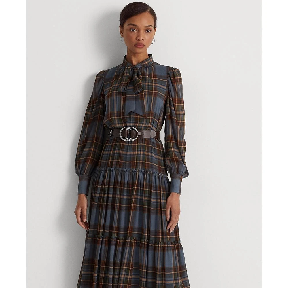 商品Ralph Lauren|Plaid Tie-Neck Crinkle Georgette Dress,价格¥1094,第4张图片详细描述