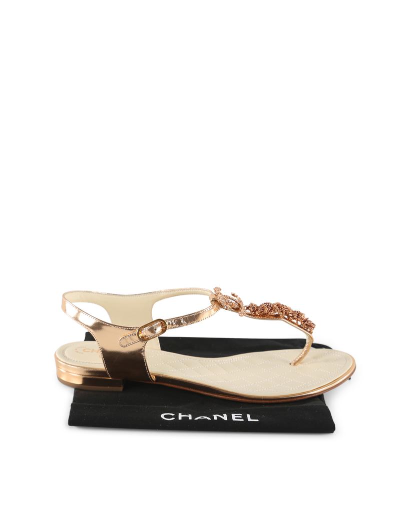 Chanel Gold Leather Chain And Crystals CC Thong Sandals商品第8张图片规格展示