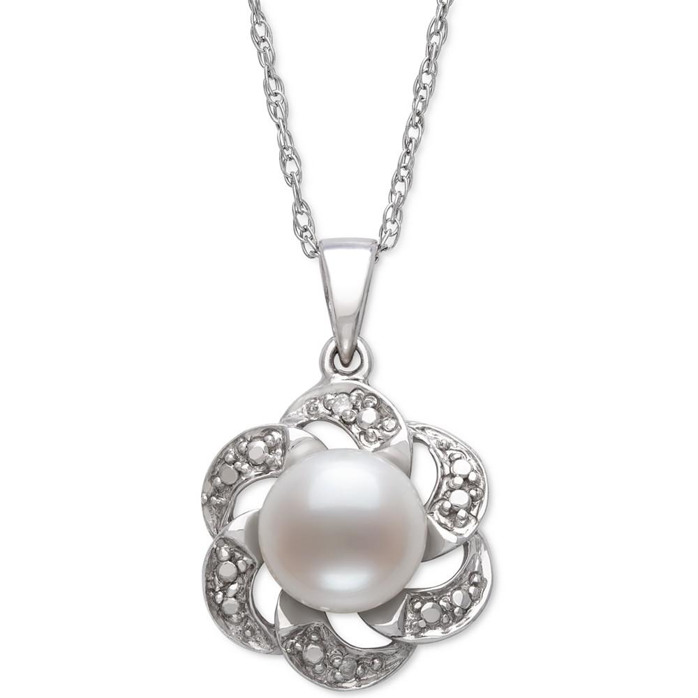 Cultured Freshwater Button Pearl (8mm) & Diamond Accent Flower 18" Pendant Necklace in Sterling Silver商品第1张图片规格展示