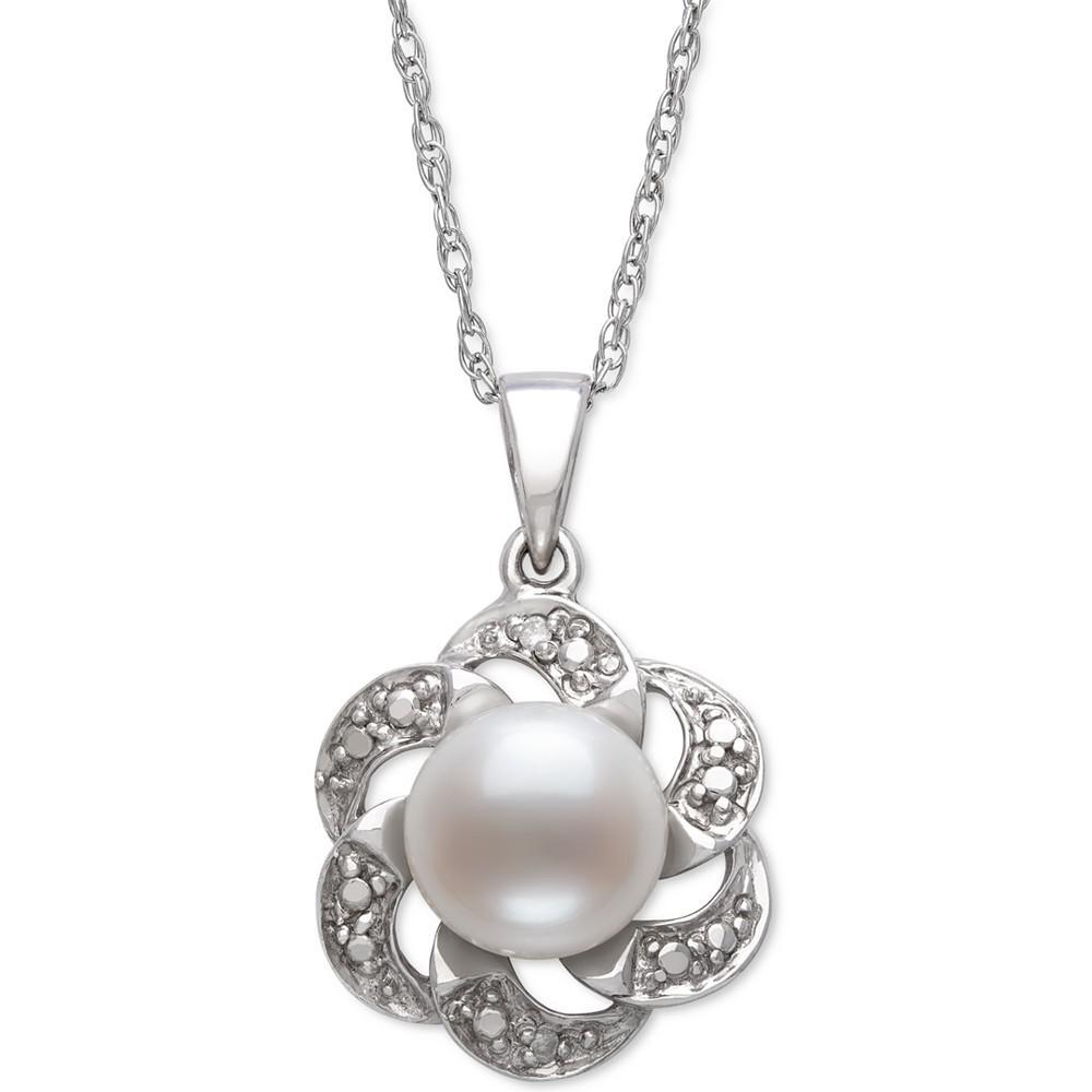 商品Belle de Mer|Cultured Freshwater Button Pearl (8mm) & Diamond Accent Flower 18" Pendant Necklace in Sterling Silver,价格¥284,第1张图片