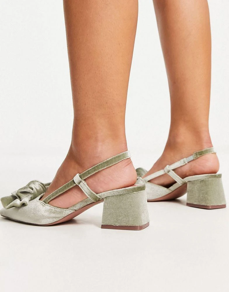 商品ASOS|ASOS DESIGN Wide Fit Saidi bow slingback mid heeled shoes in sage velvet,价格¥293,第2张图片详细描述