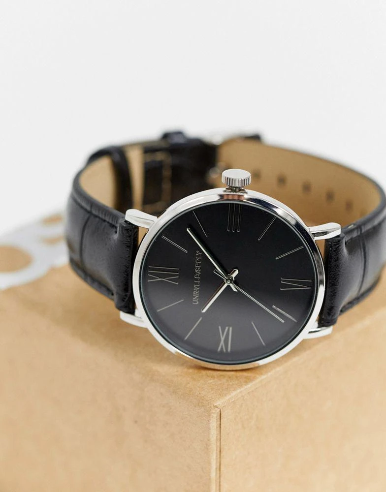 商品ASOS|ASOS DESIGN classic watch with faux leather strap in black and silver tone,价格¥123,第2张图片详细描述