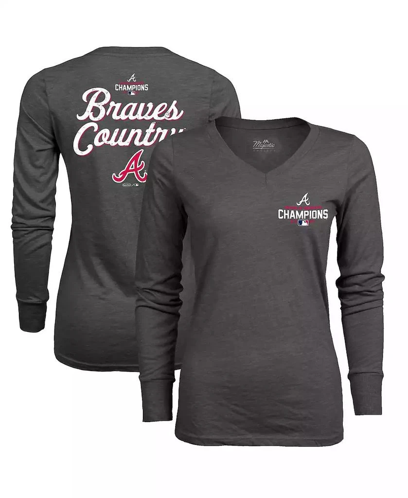 商品Majestic|Women's Threads Charcoal Atlanta Braves 2021 World Series Champions Hometown Long Sleeve V-Neck T-shirt,价格¥271,第1张图片