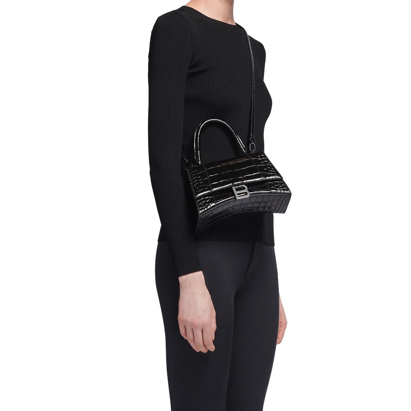 Balenciaga/巴黎世家 20Hourglass 女士迷你黑色鳄鱼压纹亮面小牛皮单肩手提包沙漏包 5928331LR671000 商品