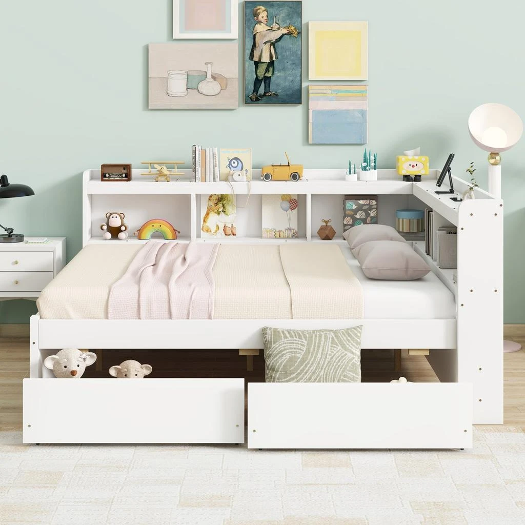 商品Streamdale Furniture|Streamdale L-Shaped Bookcase Bed with Power, USB & Drawers - White,价格¥6980,第2张图片详细描述