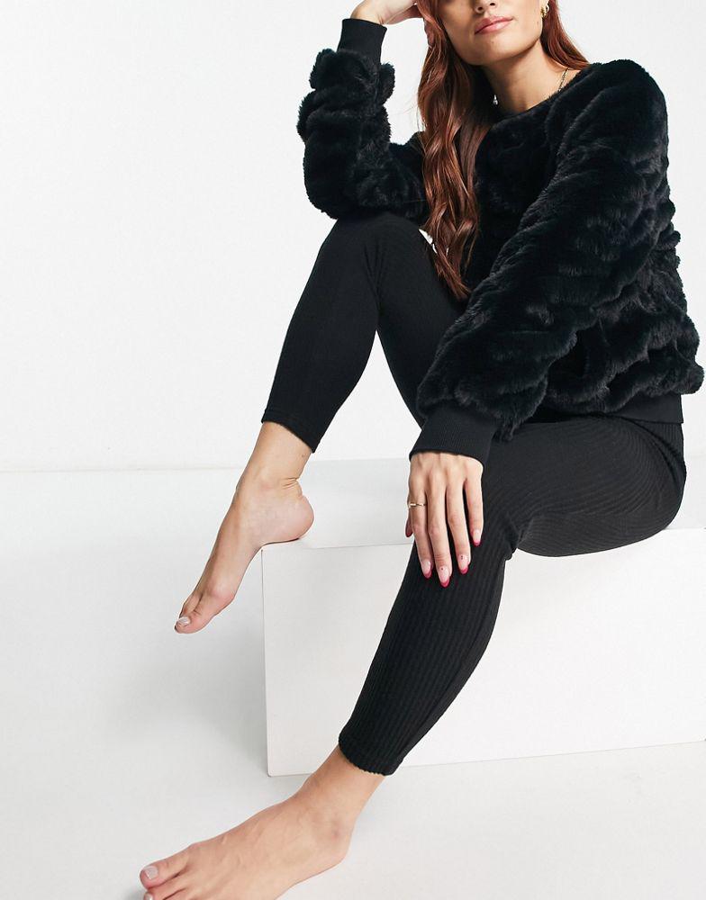 ASOS DESIGN lounge yeti faux fur sweat & brushed rib legging set in black商品第4张图片规格展示