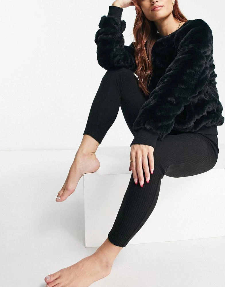 商品ASOS|ASOS DESIGN lounge yeti faux fur sweat & brushed rib legging set in black,价格¥207,第4张图片详细描述