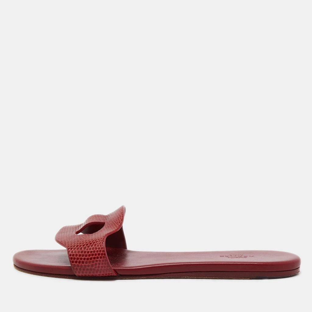 商品[二手商品] Hermes|Hermes Dark Red Lizard Lisboa Flat Slides Size 38,价格¥3529,第1张图片