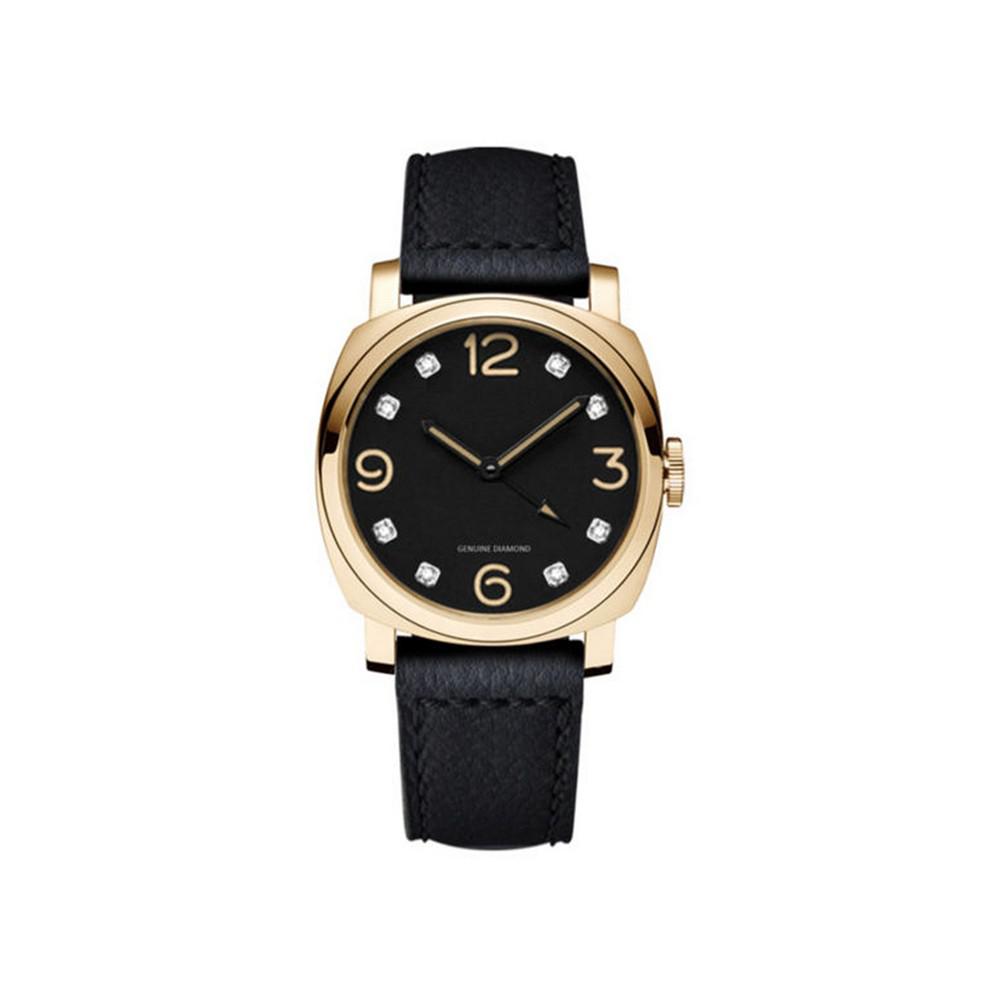 Men's Bezel Round Diamond Gold-Tone Black Leather Analog Watch商品第1张图片规格展示