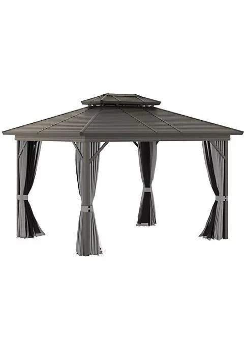 商品Outsunny|12 X 10 2 Tier Aluminum Hardtop Patio Gazebo Canopy With Breathable Mesh Netting And Privacy Sidewalls Black And Grey,价格¥13598,第1张图片