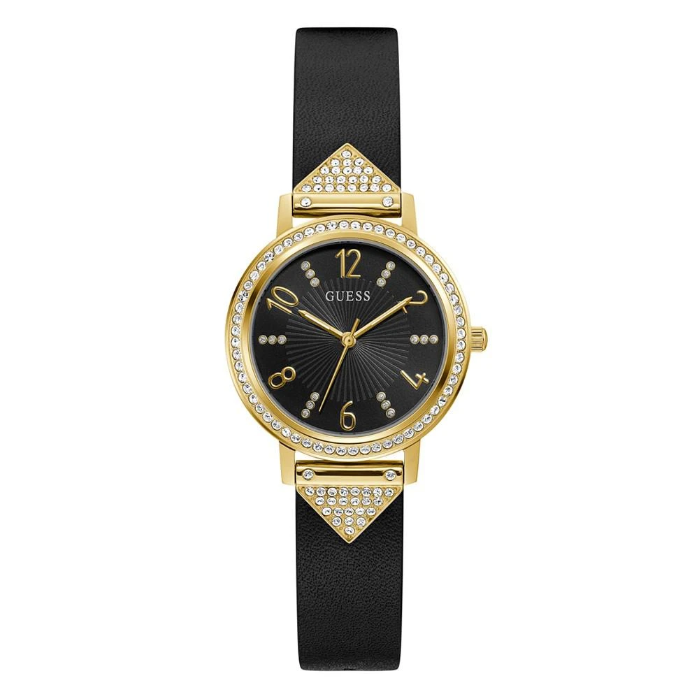 商品GUESS|Women's Quartz Gold-Tone Glitz Black Leather Strap Watch 32mm,价格¥731,第1张图片