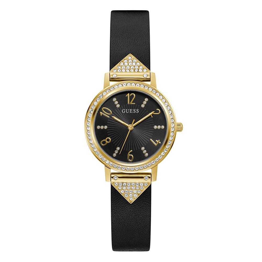 商品GUESS|Women's Quartz Gold-Tone Glitz Black Leather Strap Watch 32mm,价格¥973,第1张图片