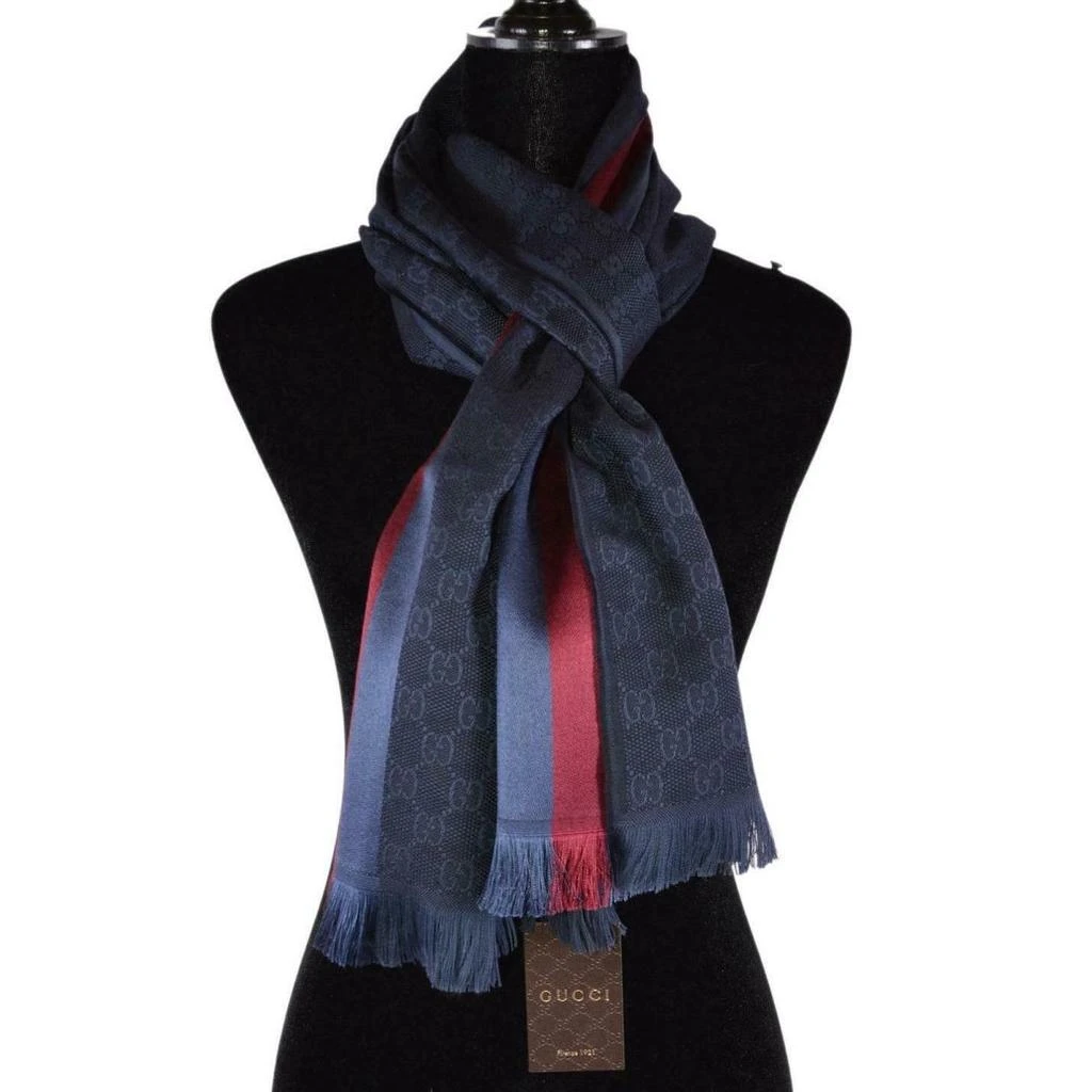 商品Gucci|Gucci 古驰 GG字母条纹羊毛真丝混纺围巾 - 蓝色,价格¥3674,第3张图片详细描述
