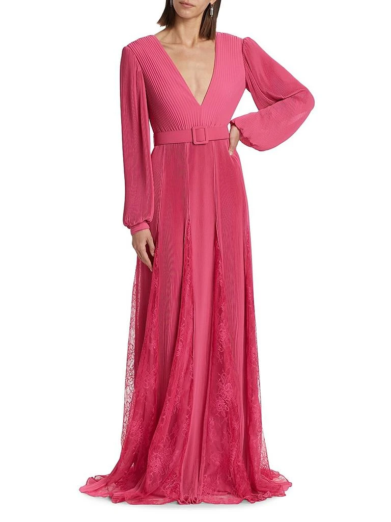 商品Badgley Mischka|Plissé Georgette & Lace Godet Belted Gown,价格¥2929,第2张图片详细描述