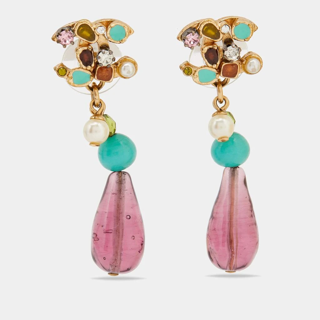 商品[二手商品] Chanel|Chanel Gold Tone Multicolor Enamel Crystal CC Bead Drop Earrings,价格¥4319,第1张图片