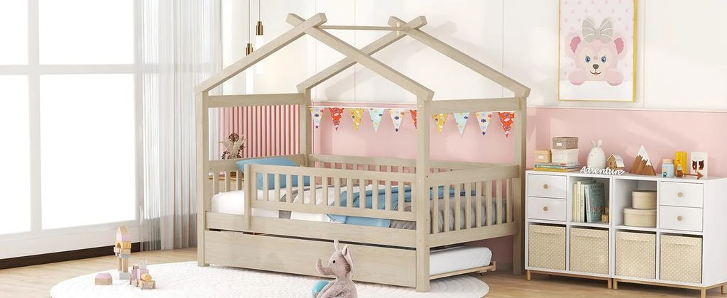 商品Streamdale Furniture|Streamdale Twin Size Wooden House Bed With Twin Size Trundle,价格¥4000,第3张图片详细描述