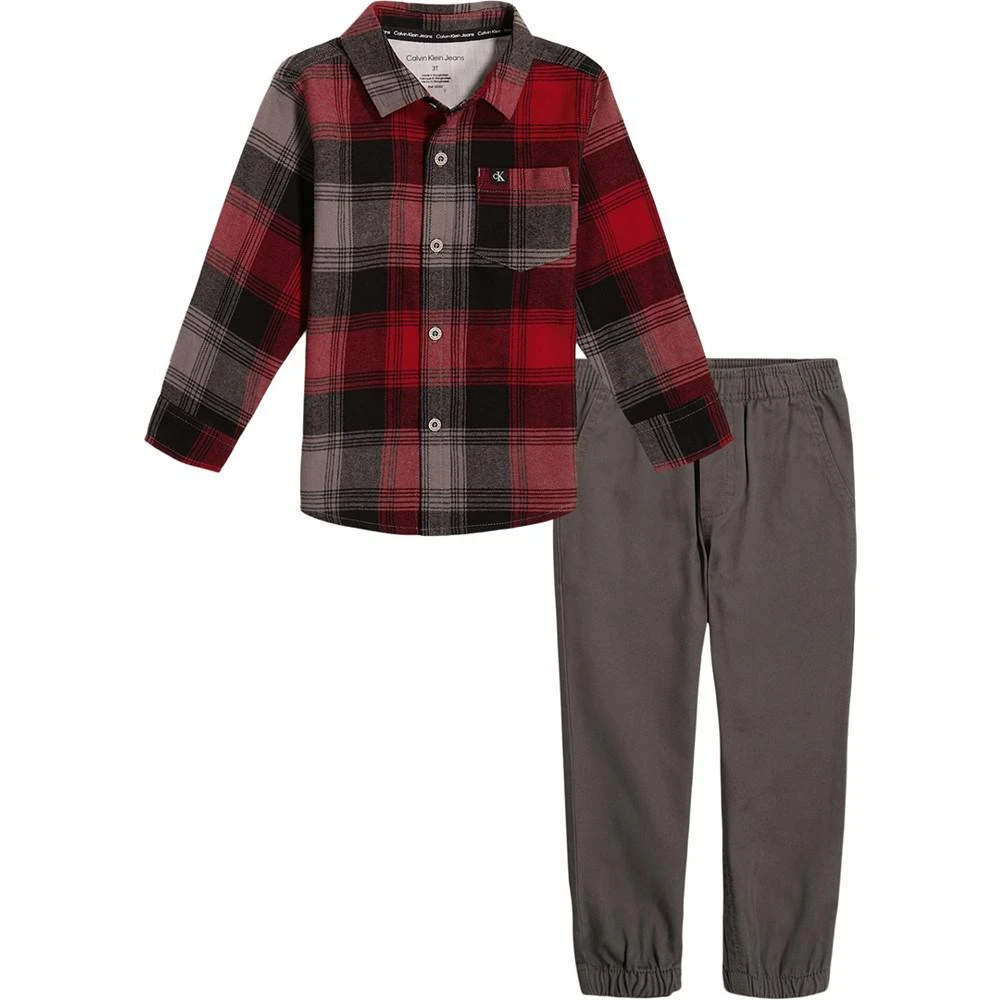 商品Calvin Klein|Little Boys Yarn-Dyed Plaid Button-Front Shirt and Twill Joggers, 2 Piece Set,价格¥267,第1张图片