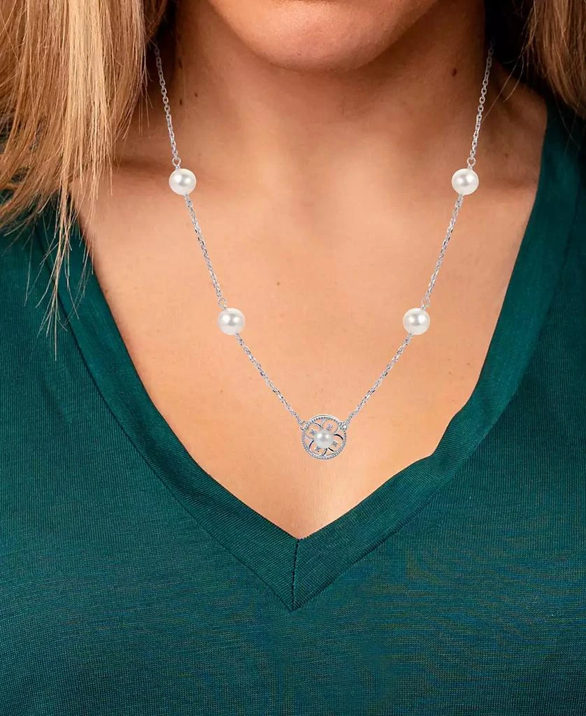 商品Macy's|Cultured Freshwater Pearl (5 - 6-1/2mm) & Lab-Created White Sapphire (1/20 ct. t.w.) Flower 18" Pendant Necklace in Sterling Silver,价格¥702,第2张图片详细描述