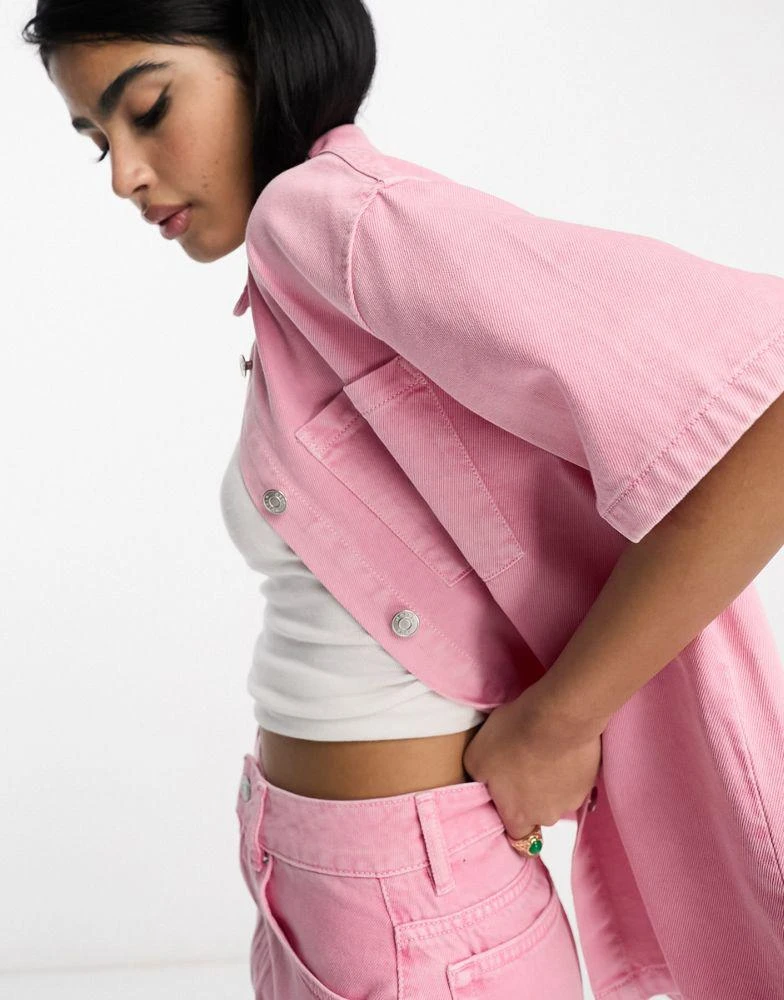 商品ASOS|ASOS DESIGN co-ord denim long line shirt in pink,价格¥213,第2张图片详细描述