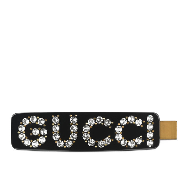 商品Gucci|【预售3-7天】GUCCI/古驰 2021春夏 黑色有机玻璃Gucci图案饰有金属钉水钻发卡627917I12GO8520,价格¥3279,第1张图片