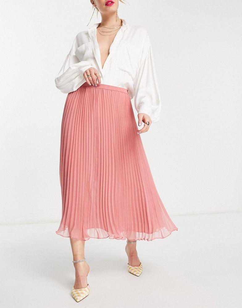 French Connection midi pleated skirt in coral pink商品第1张图片规格展示