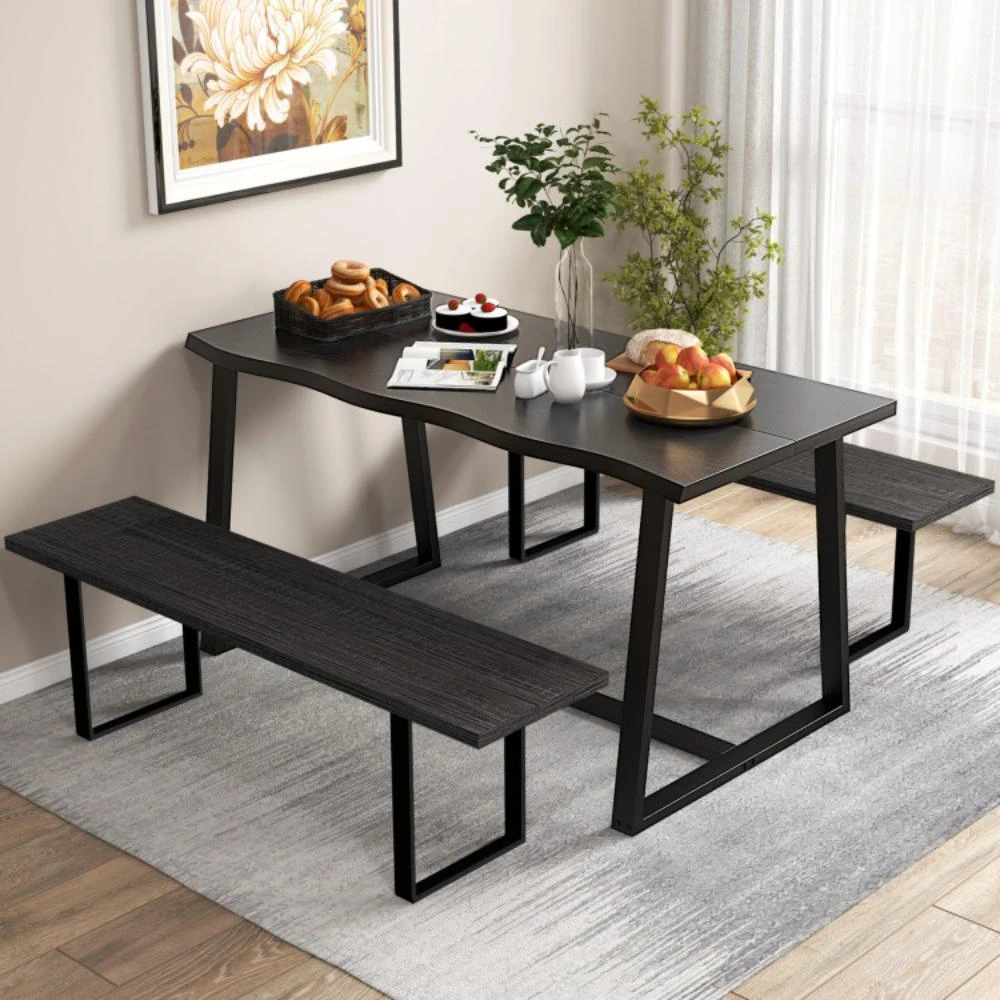 商品Hivvago|63" Large Dining Table with Wavy Edge and Heavy-duty Metal Frame-Black,价格¥1622,第2张图片详细描述