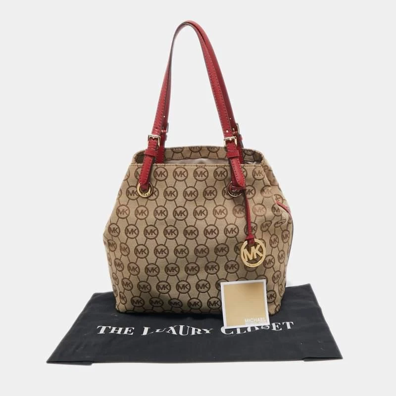 Micheal Kors Beige/Red Signature Canvas and Leather Jet Set Tote 商品