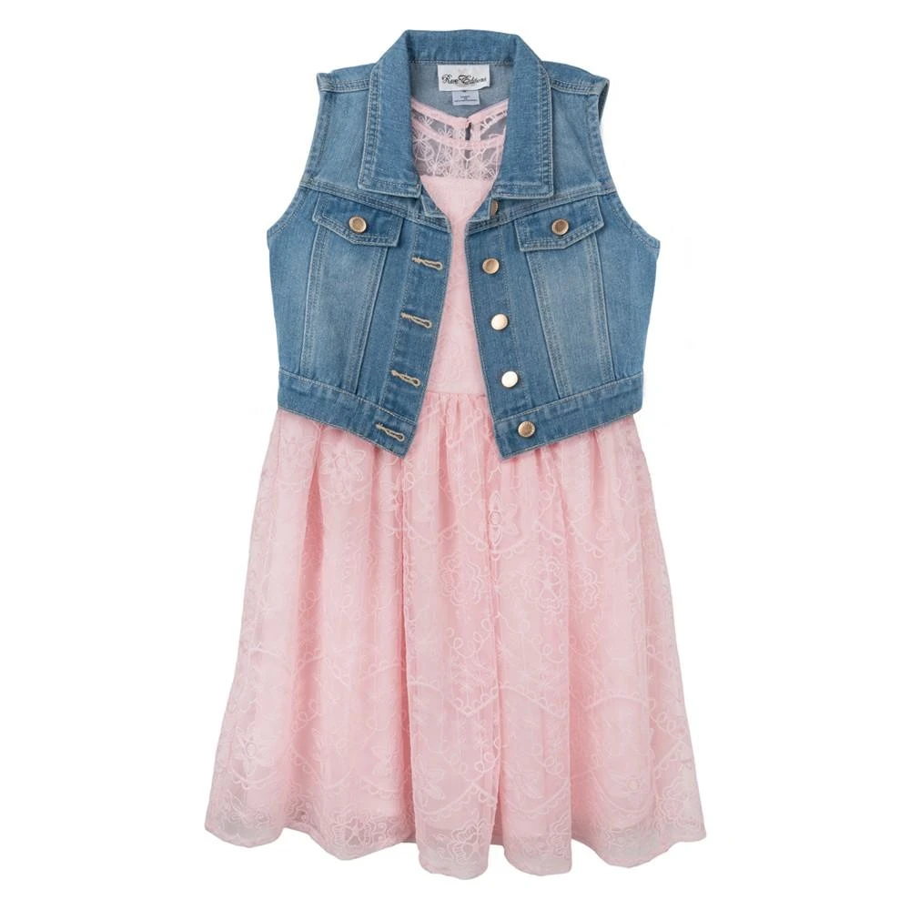 商品Rare Editions|Big Girls Denim Vest and Embroidered Dress Outfit, 2 PC,价格¥173,第4张图片详细描述