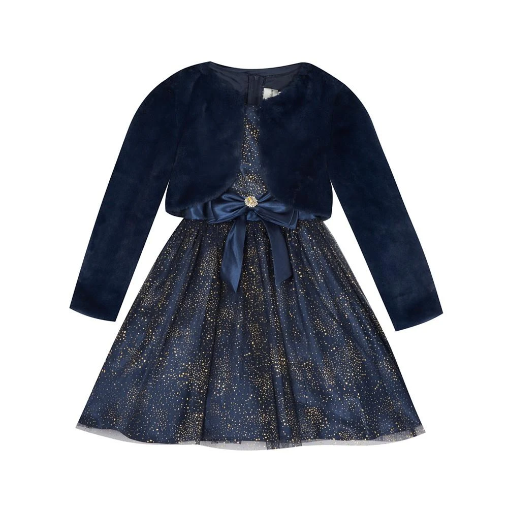 商品Rare Editions|Big Girls Foil-Mesh Satin-Bow Dress & Faux-Fur Vest,价格¥250,第1张图片