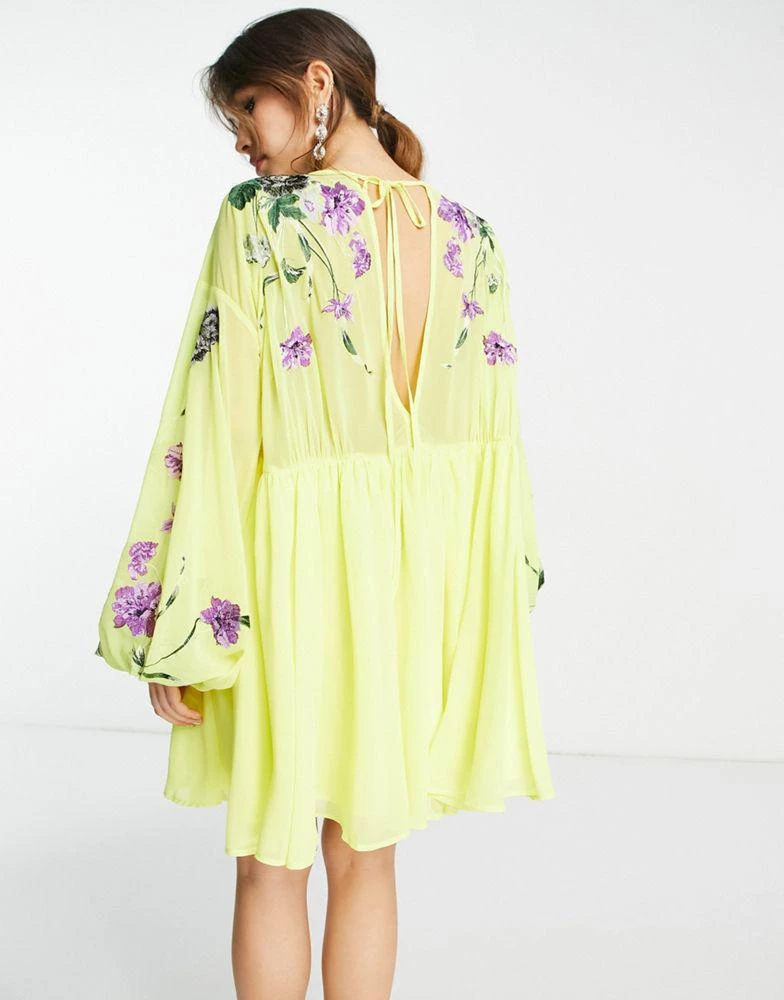 商品ASOS|ASOS EDITION blouson sleeve mini dress with embroidered bodice in yellow,价格¥488,第2张图片详细描述