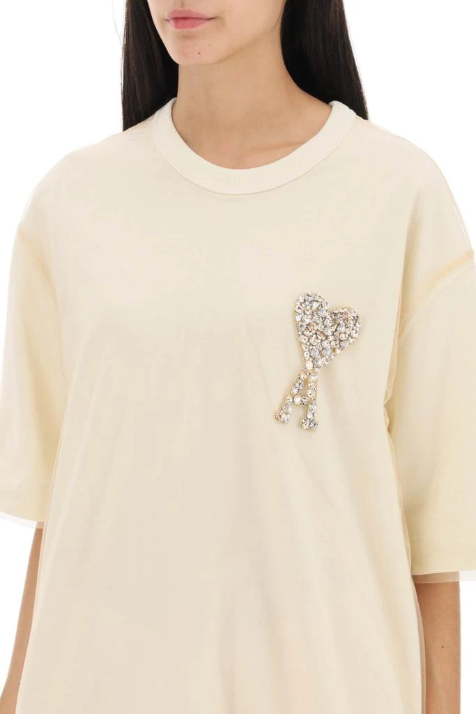 商品AMI|Jersey And Tulle T Shirt With Rhinestone Studded Logo,价格¥3643,第3张图片详细描述