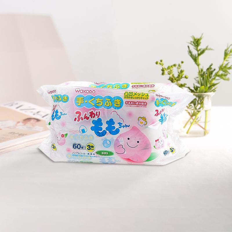 商品WaKODO|Wakodo和光堂 可爱蓬蓬桃 婴儿护肤湿巾 60片/包 3包装,价格¥57,第1张图片
