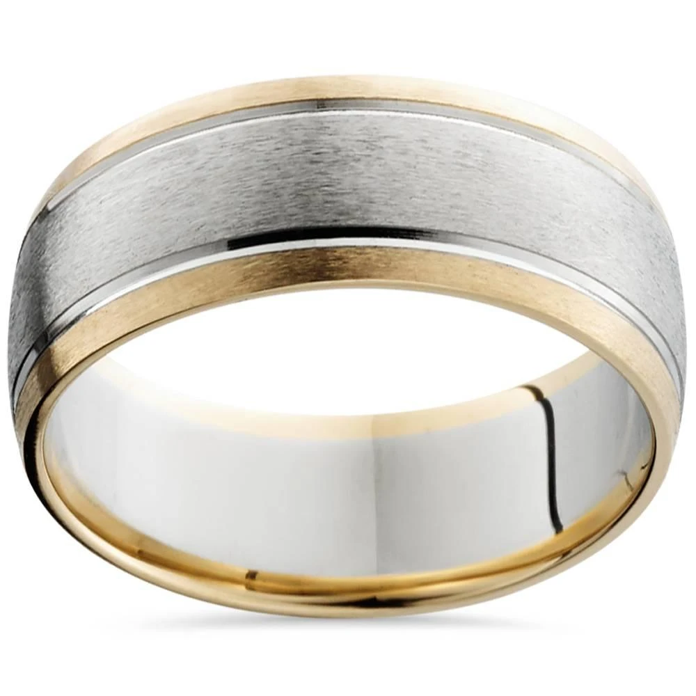 商品Pompeii3|8mm Mens 14K White & Yellow Gold Sandblast Double Inlay Wedding Band,价格¥6361,第1张图片