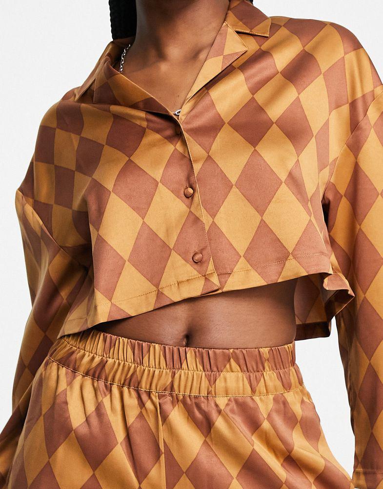 Topshop satin argyle print shirt & trouser pyjama set in multi商品第2张图片规格展示