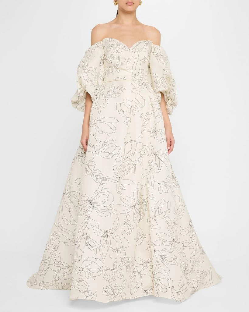 商品Monique Lhuillier|Off-The-Shoulder Floral Blouson-Sleeve Ball Gown,价格¥54005,第2张图片详细描述