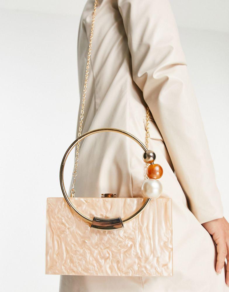 ASOS DESIGN resin clutch bag with metal beaded handle in beige marble商品第2张图片规格展示