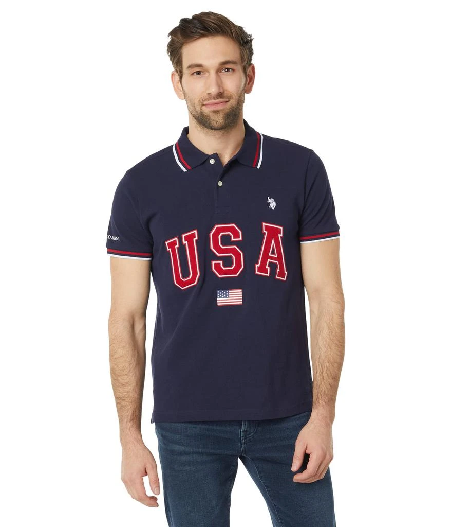 商品U.S. POLO ASSN.|Slim Fit USA Applique Flag Print Knit Polo Shirt,价格¥163-¥199,第1张图片