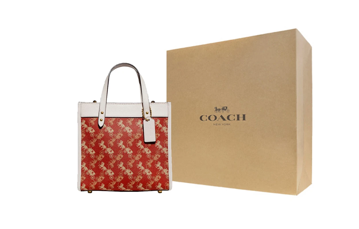 商品[国内直发] Coach|蔻驰 Field系列 22 竖版马车老花皮革托特包Tote包购物袋手提单肩斜挎包 小号 女款 红色/粉笔白,价格¥2492,第5张图片详细描述