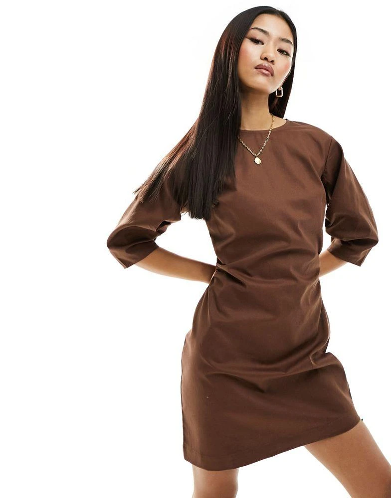 商品ASOS|ASOS DESIGN pleated banana sleeve twill mini dress in chocolate,价格¥144,第4张图片详细描述