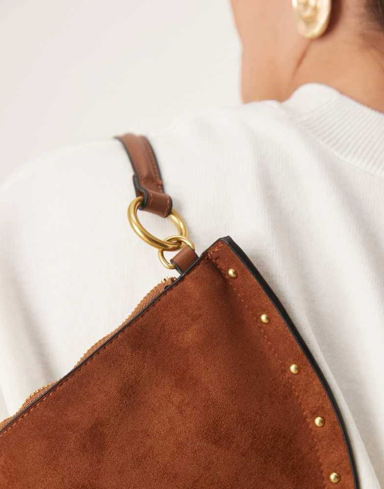 商品ASOS|ASOS DESIGN faux suede scoop studded shoulder bag in tan,价格¥86,第3张图片详细描述
