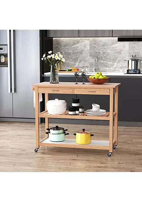 商品HOMCOM|42 Kitchen Trolley Cart Rolling Island Utility Serving Cart With 2 Drawers And 3 Tier Shelf Pine Wood,价格¥1566,第2张图片详细描述