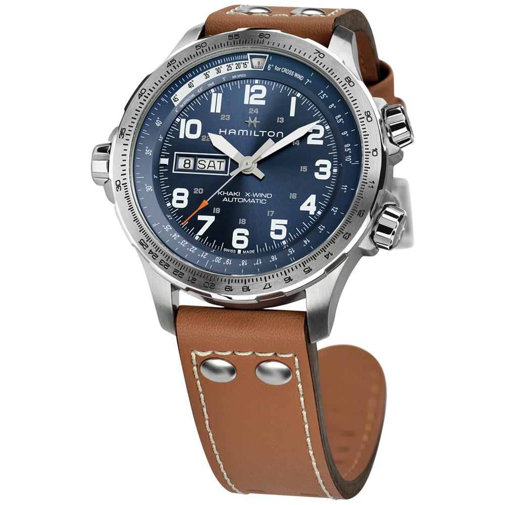 Men's Swiss Khaki X-Wind Brown Leather Strap Watch 45mm商品第4张图片规格展示