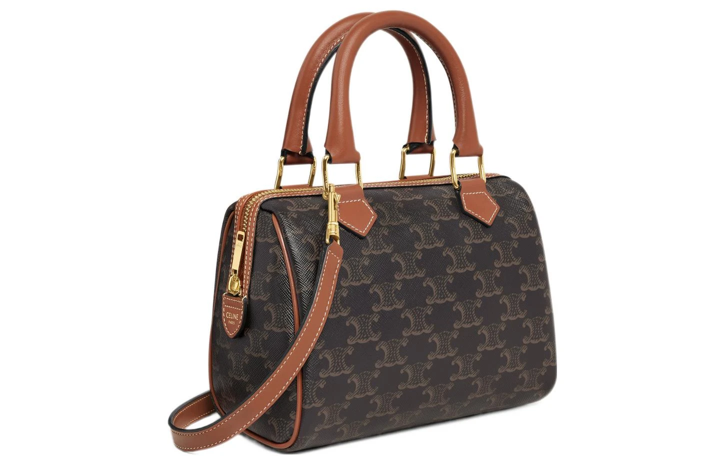 商品[国内直发] Celine|赛琳 Triomphe 经典凯旋门老花满印可调节肩带 帆布拼牛皮革 波士顿包单肩斜挎手提包 小号 女款 棕褐色,价格¥12243,第3张图片详细描述