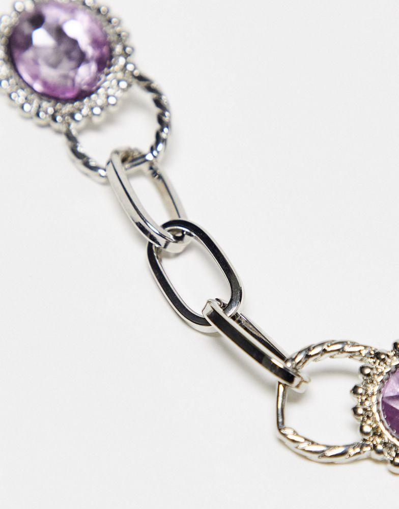 商品Reclaimed Vintage|Reclaimed Vintage unisex chunky chain necklace with lilac stones in silver,价格¥98,第5张图片详细描述