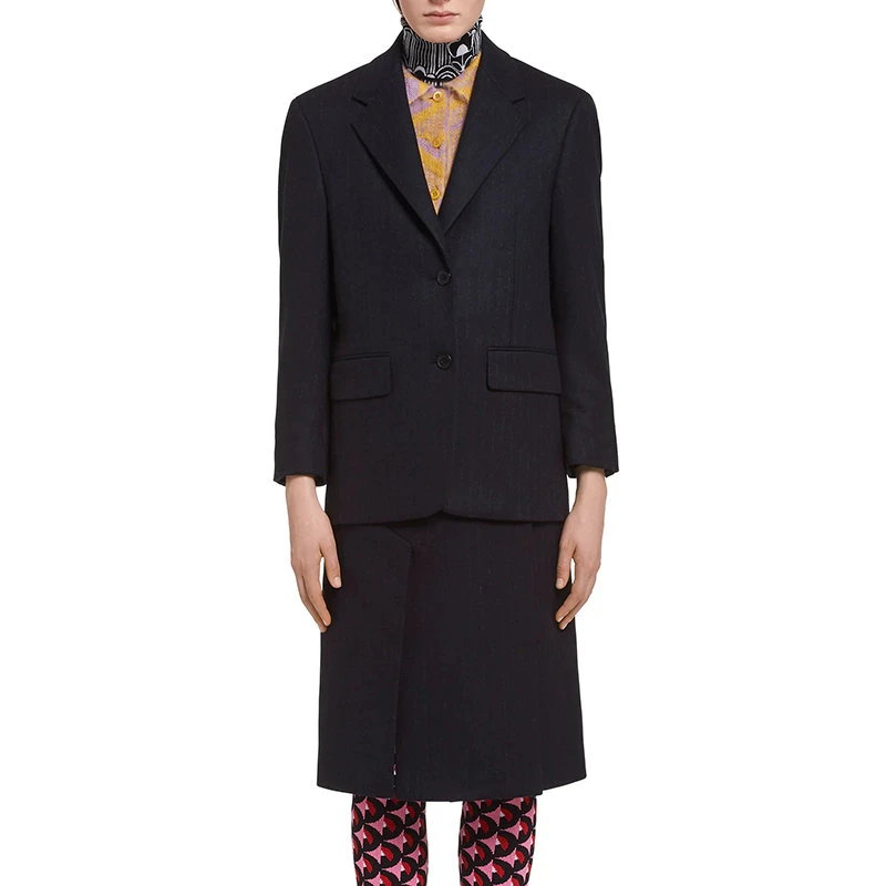 商品Prada|【预售3-7天】普拉达 21年秋冬 女士深蓝色优雅单排扣细条纹法兰绒外套P599L_1ZM3_F0008_S_212,价格¥24533,第4张图片详细描述