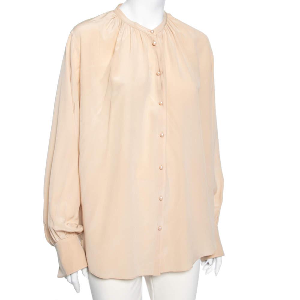 Joseph Beige Silk Oriental Neckline Everett Button Front Top L商品第2张图片规格展示